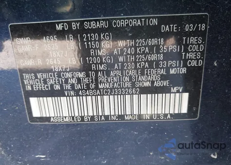 2018 Subaru Outback 2.5I Touring из США, поврежденный, VIN 4S4BSATC2J3332662